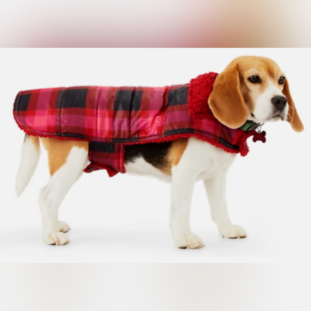Red Plaid Puffy Coat with Velcro Chest Strap SM/Med